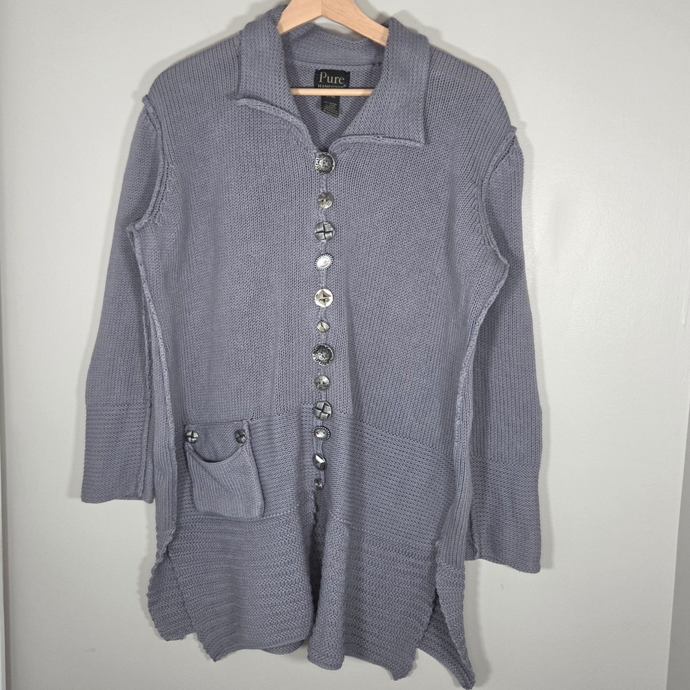 Pure Handknit Cotton Cardigan Women's L/XL Gray Button Front Tunic Sweater Artsy